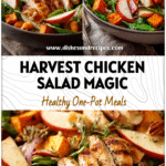 A fall salad bowl with grilled chicken, apple slices, and roasted sweet potatoes served for a cozy Friendsgiving Salad.